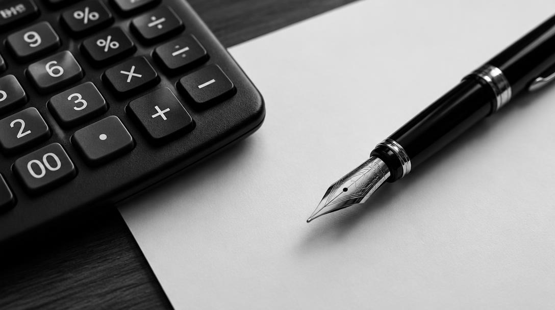 Calculator and fountain pen on a blank sheet of paper