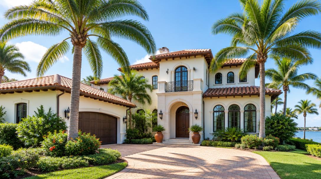 Illustrative stucco house with palm trees
