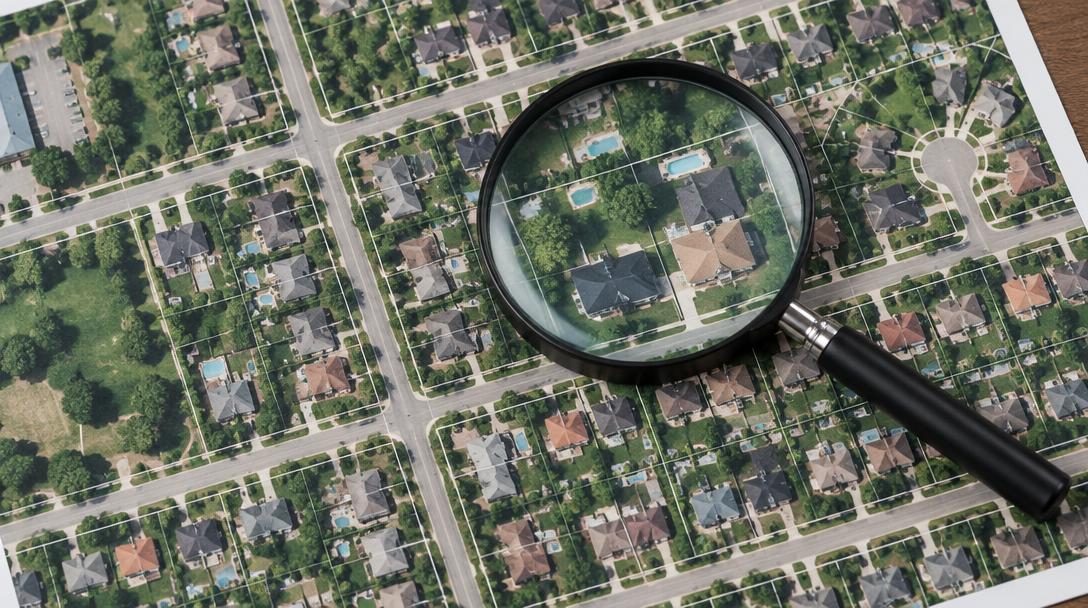 Magnifying glass resting on a printed aerial map of house lots