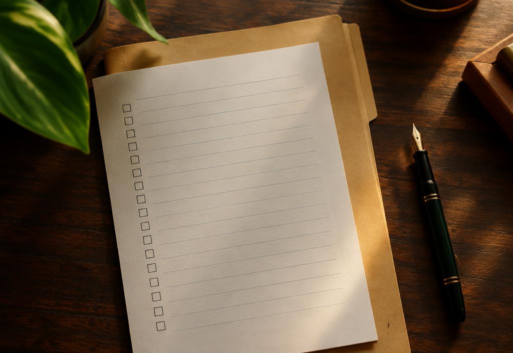 Blank checklist on a desk with a fountain pen and folder