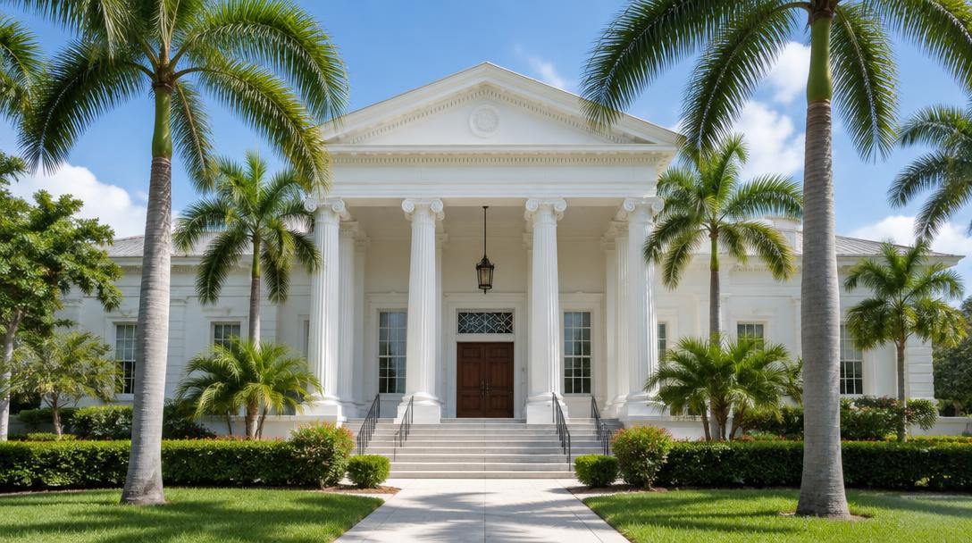 Illustrative white columned building framed by palm trees