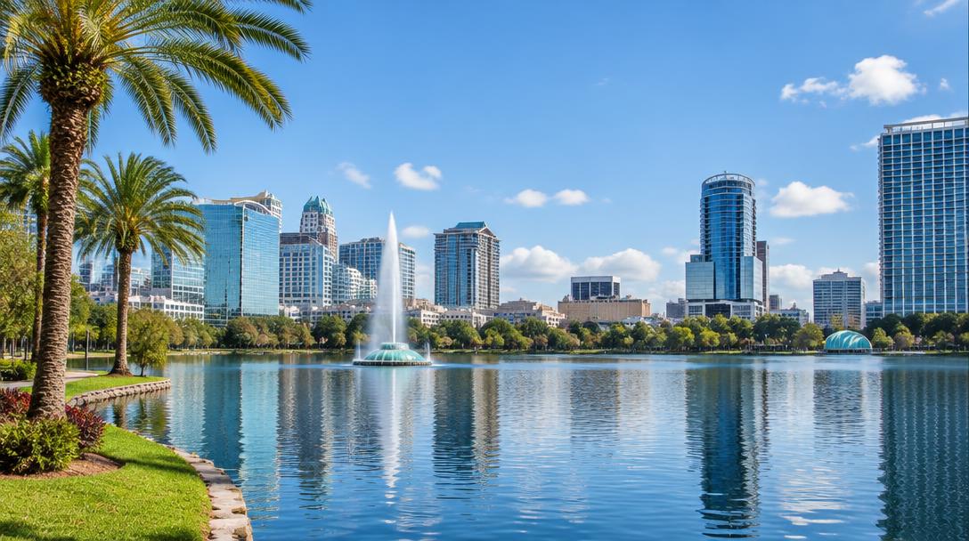 Illustrative lakefront downtown skyline with a fountain