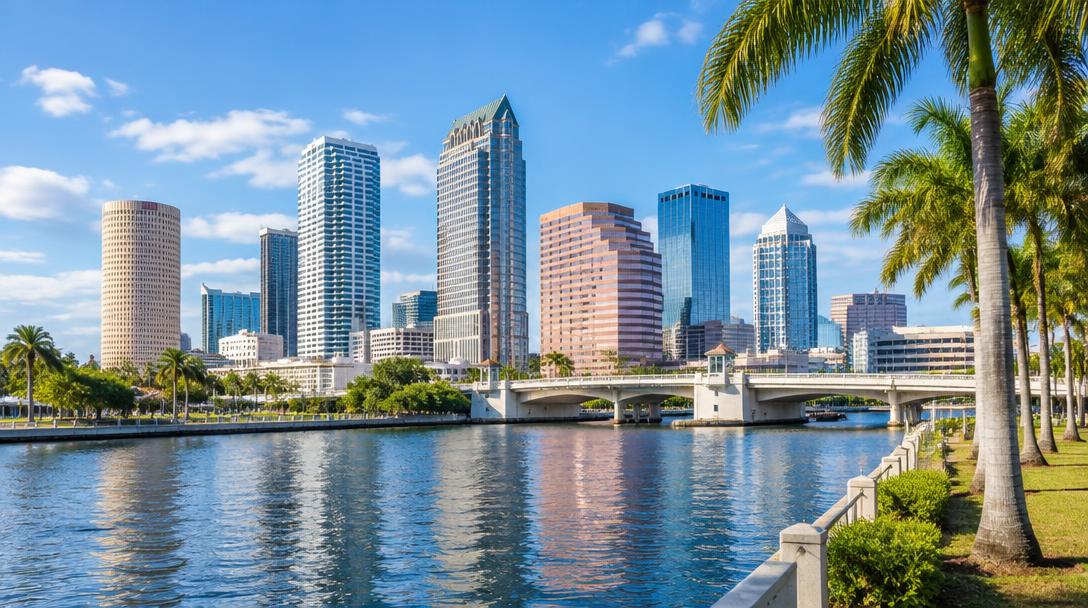 Illustrative riverfront skyline with a bridge and palm trees